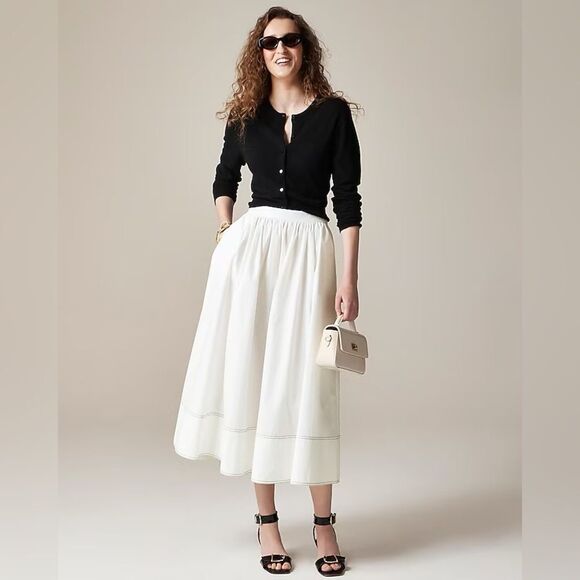 NWT J CREW Contrast-stitch midi skirt in cotton poplin in white - Picture 6 of 8
